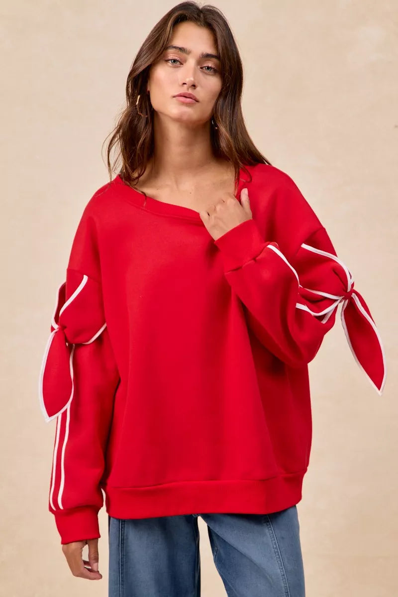 Bow Detail Sleeves Fleece Sweatshirt