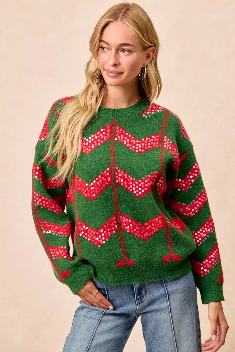 Christmas Theme Chevron Sequins Detail Sweater