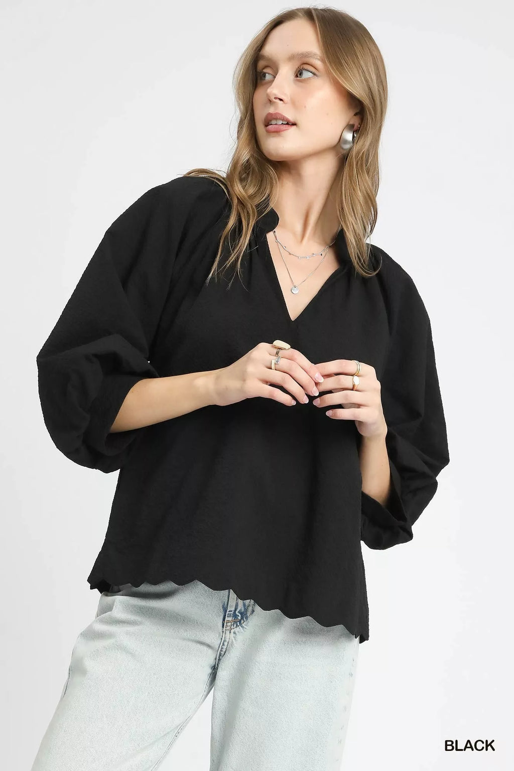 Full Size Textured Notched Balloon Sleeve Blouse Plus Size