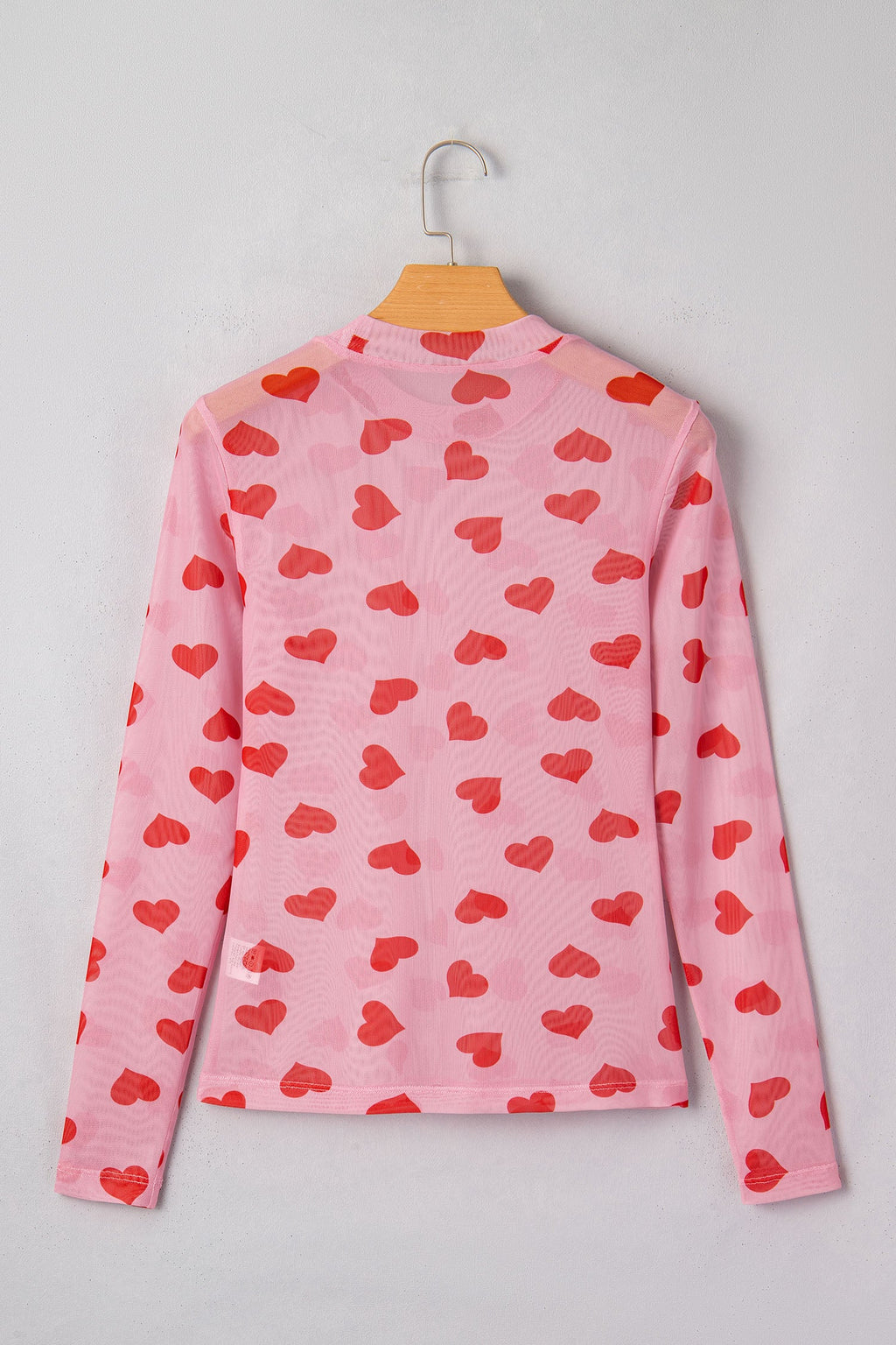 Pink Valentines Heart Printed Sheer Mesh Long Sleeve Top