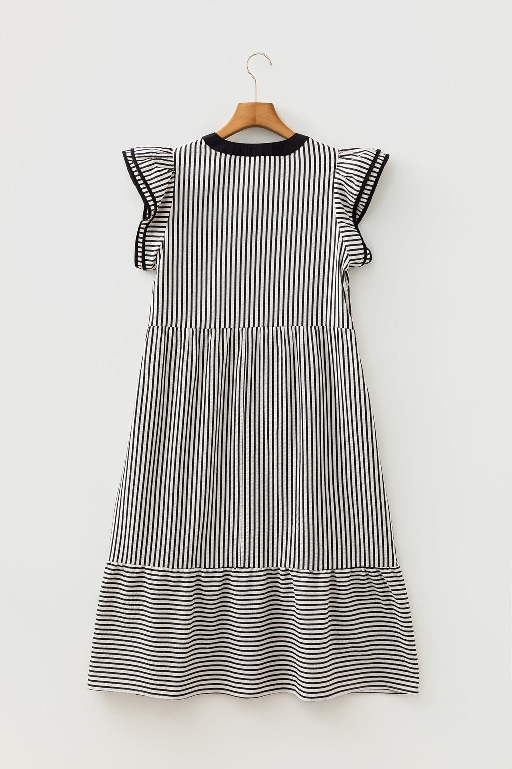 Black Stripe Double Ruffled Short Sleeve Contrast Trim V Neck Midi Dress