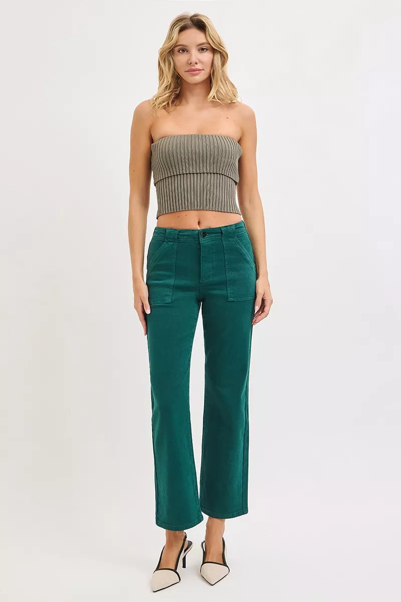High Rise Ankle Flare Patch Pocket Jeans