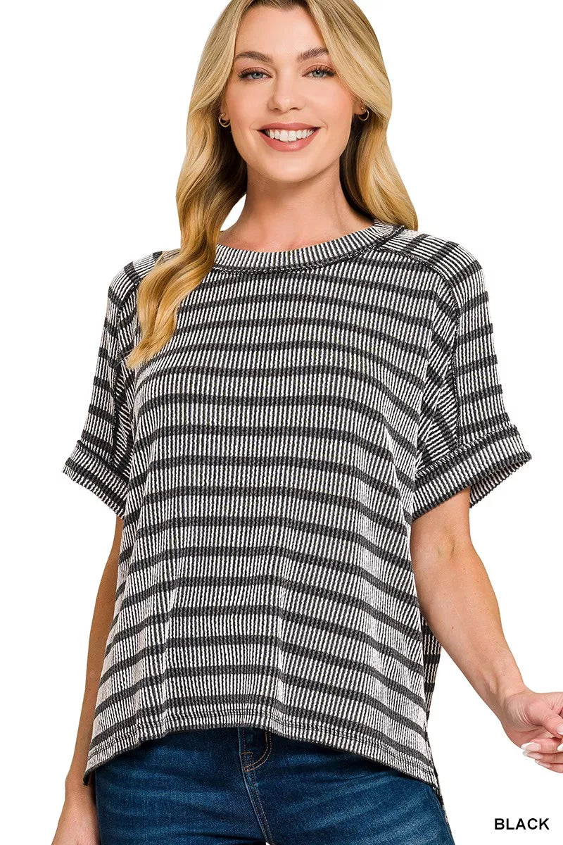 Raised Rib Striped Exposed Seam Top