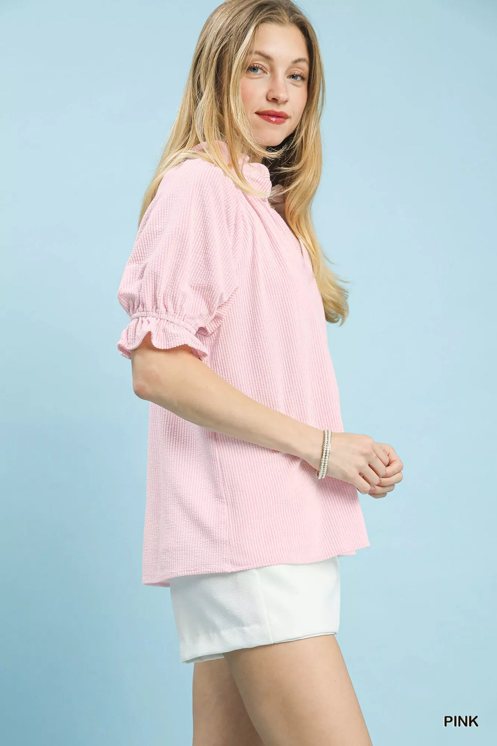 Textured Ruffle Sleeve V-Neck Top