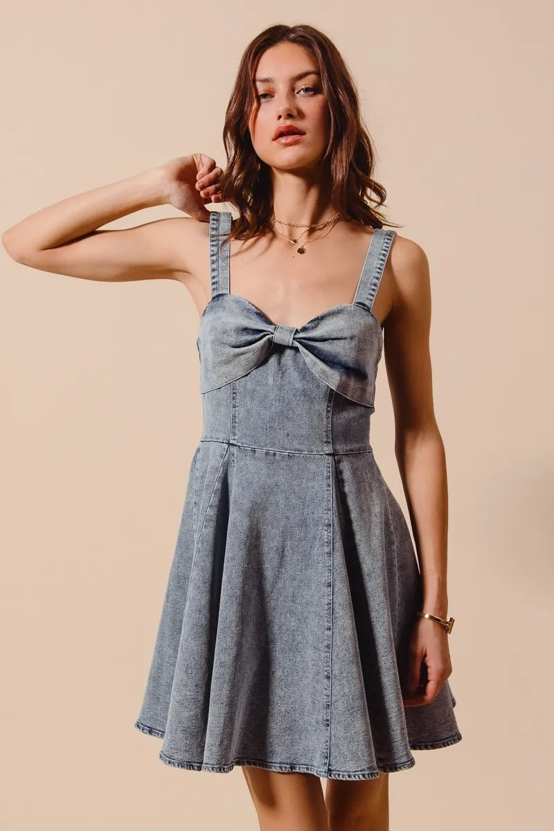 Mineral Washed Bow Ribbon Denim Flare Dress