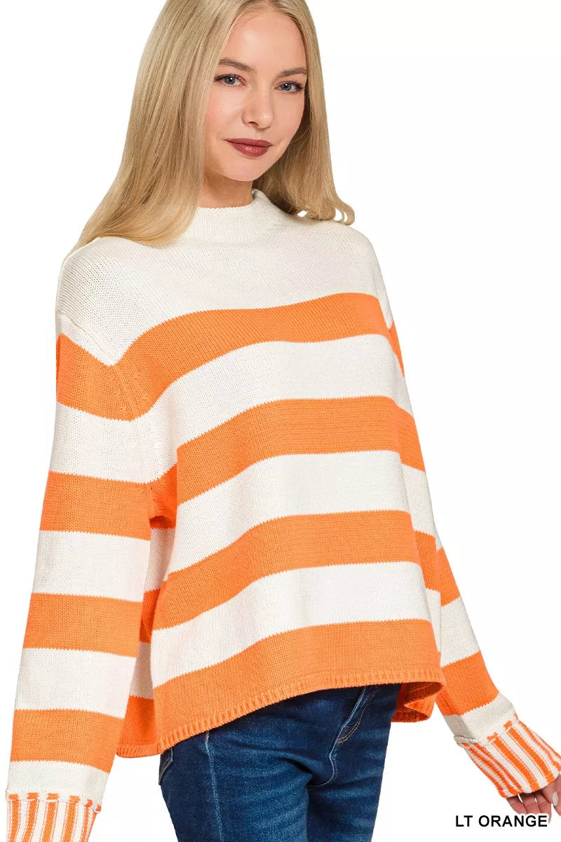 Ribbed Striped Mock Neck Sweater
