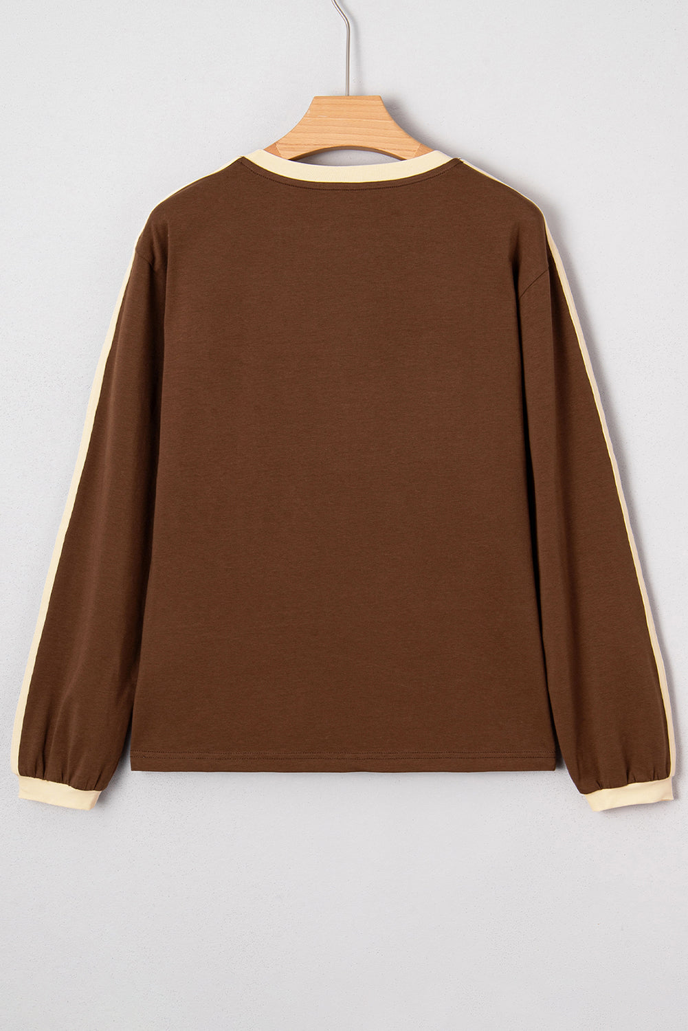 Dark Brown Varsity Striped Accent Contrast Crew Neck Long Sleeve T Shirt