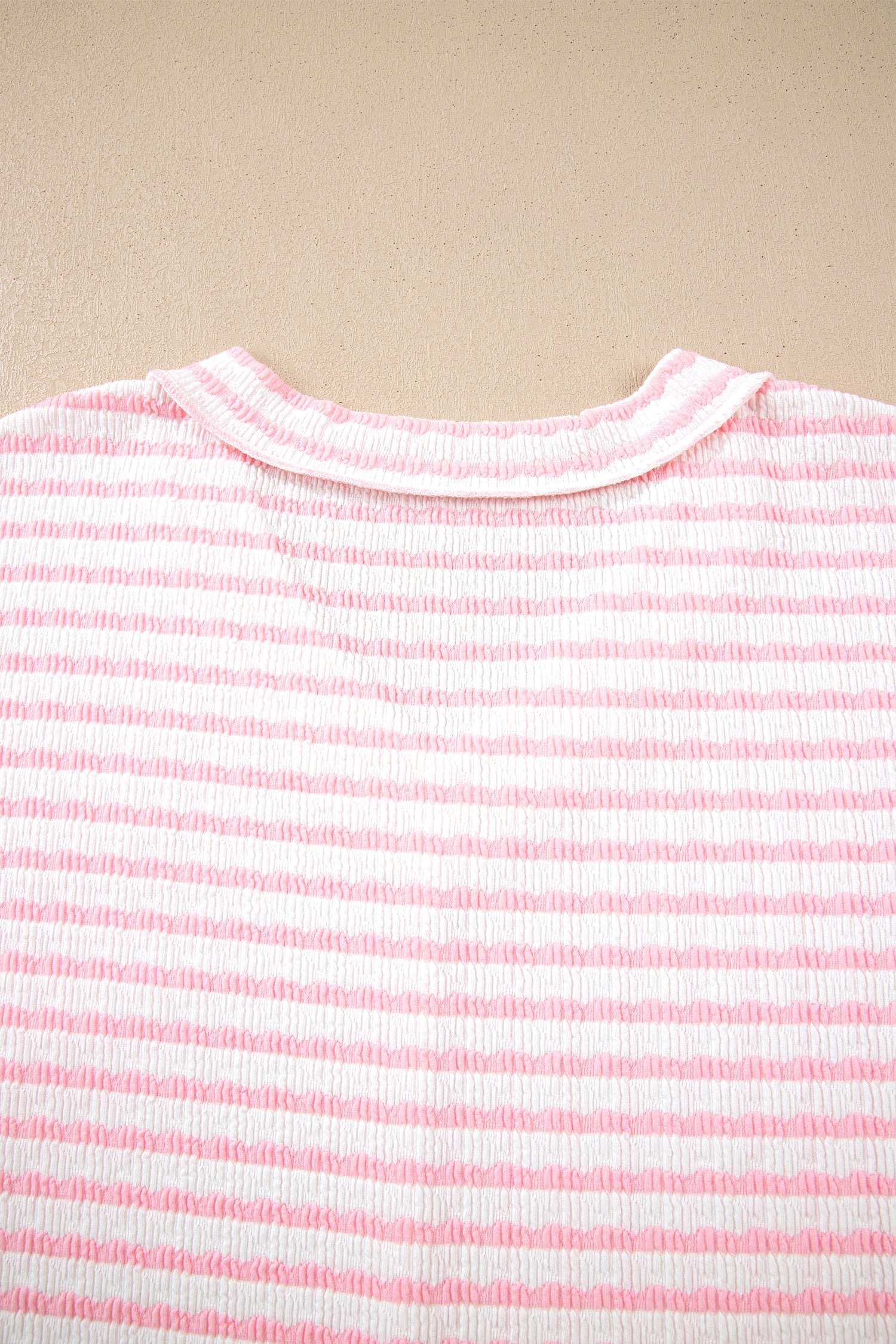 Pink Stripe Plus Size V Neck Exposed Seam Patchwork T Shirt