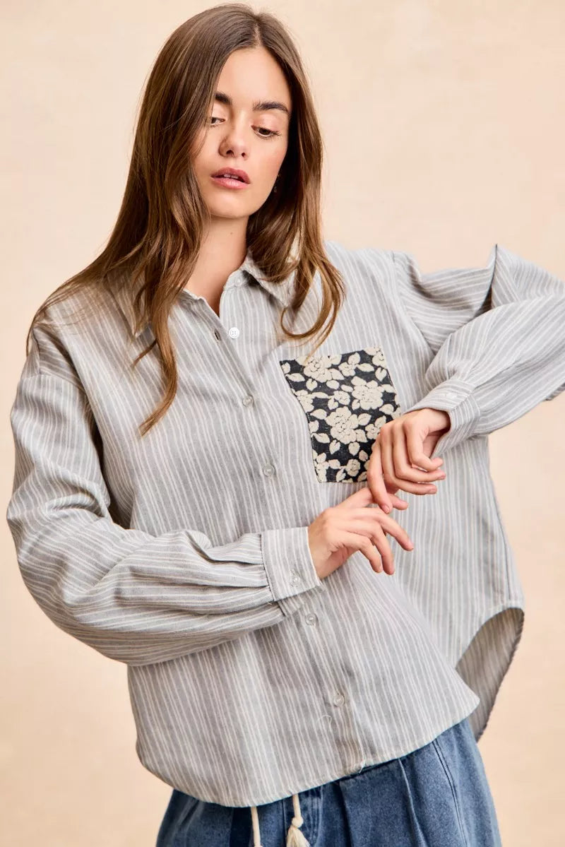 Flower Jacquard Knit Patch Pocket Stripe Shirt