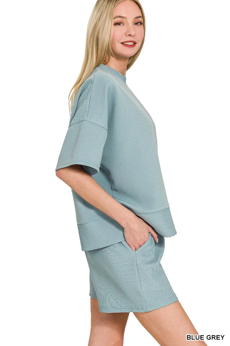 Ribbed Round Neck Waist Banded Tee & Shorts Set