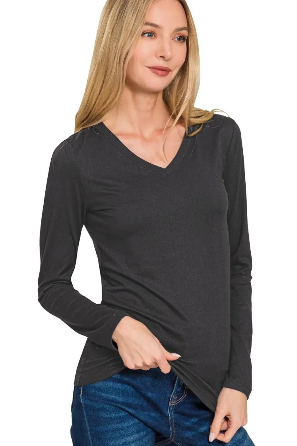 Brushed Microfiber Long Sleeve V-neck Tee
