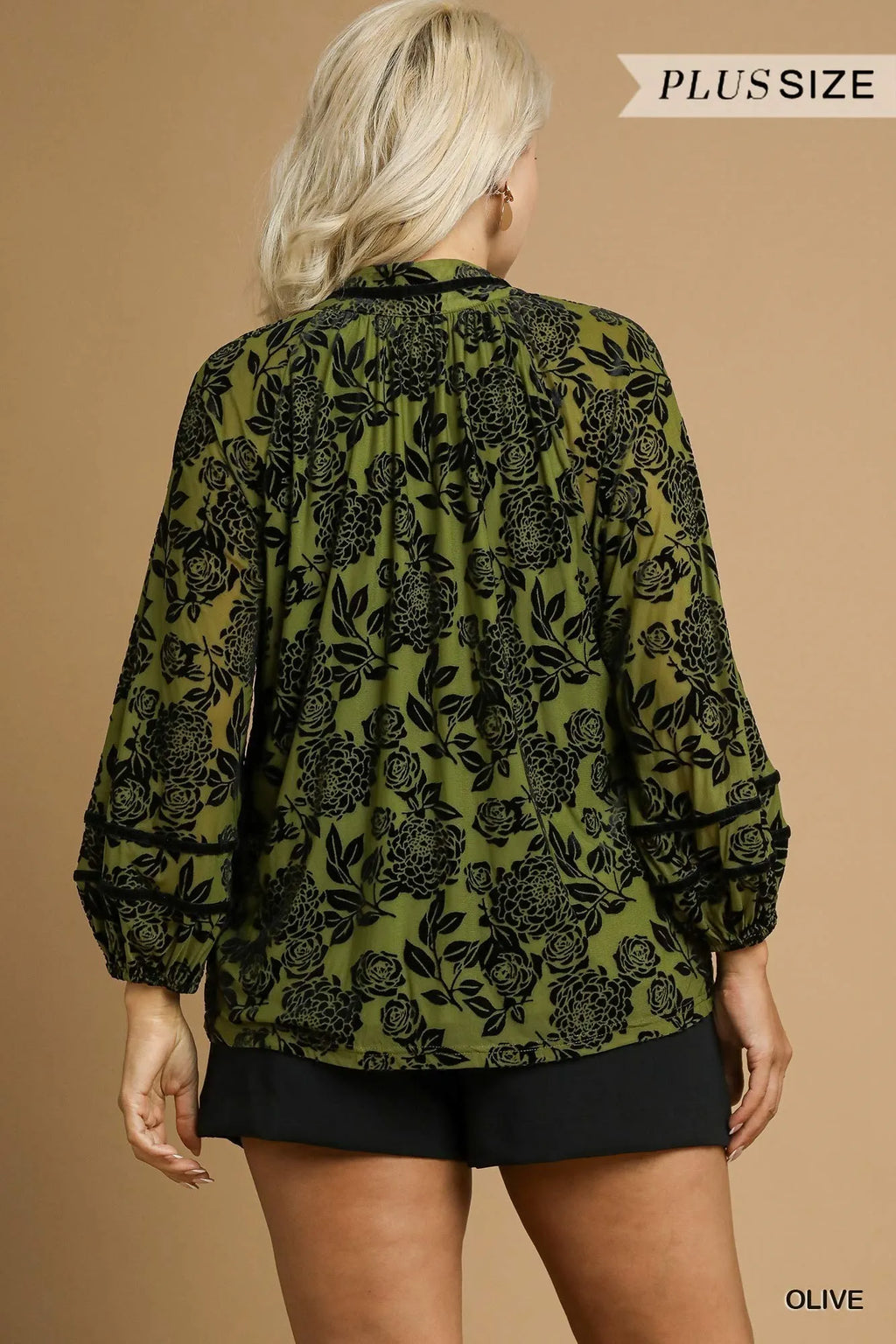 Full Size Floral Velvet Blouse with Balloon Sleeves Plus Size