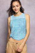 Ribbed Round Neck Cropped Tank with Lace Detail