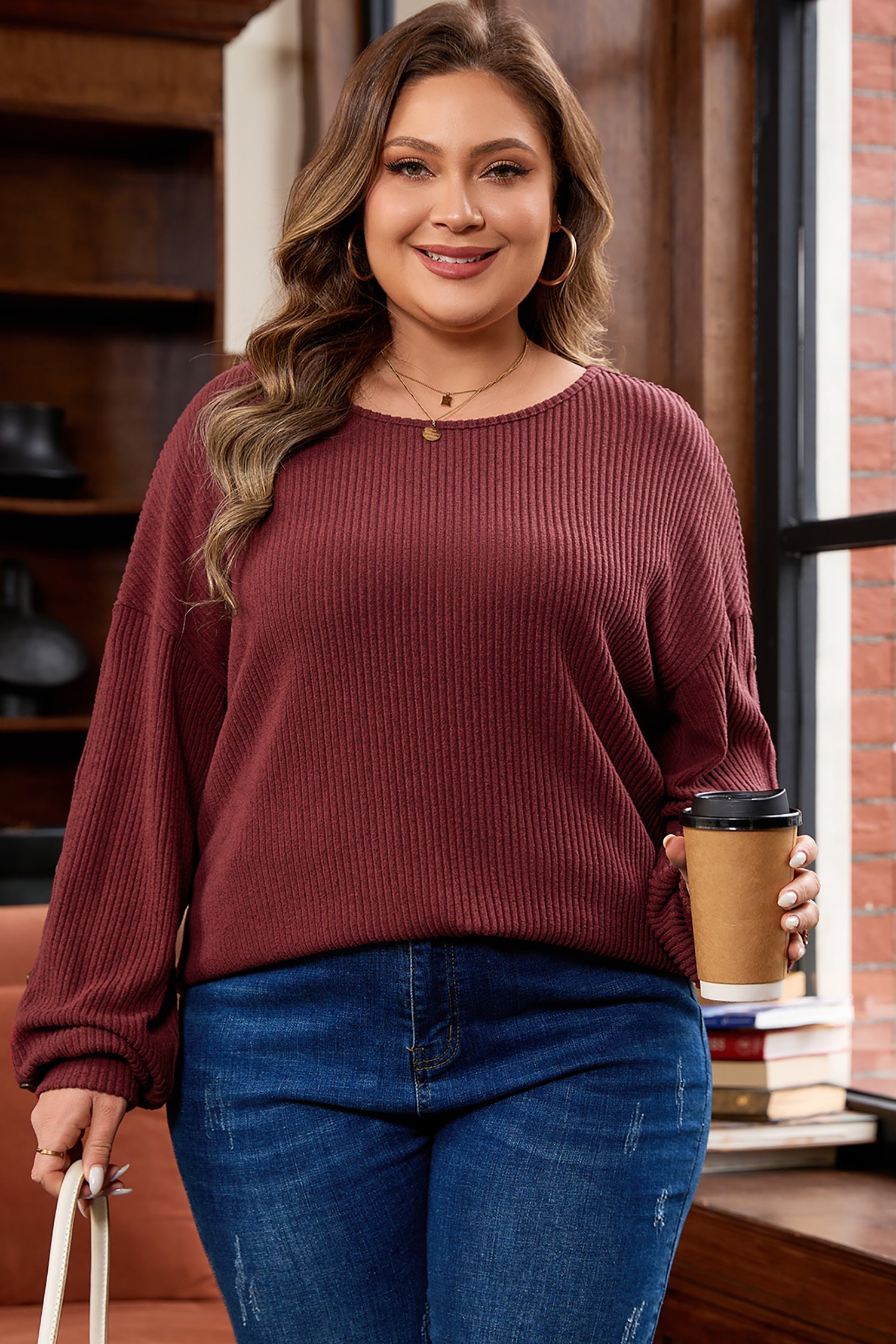 Wild Ginger Plus Size Ribbed Button Decor Long Sleeve Loose Top