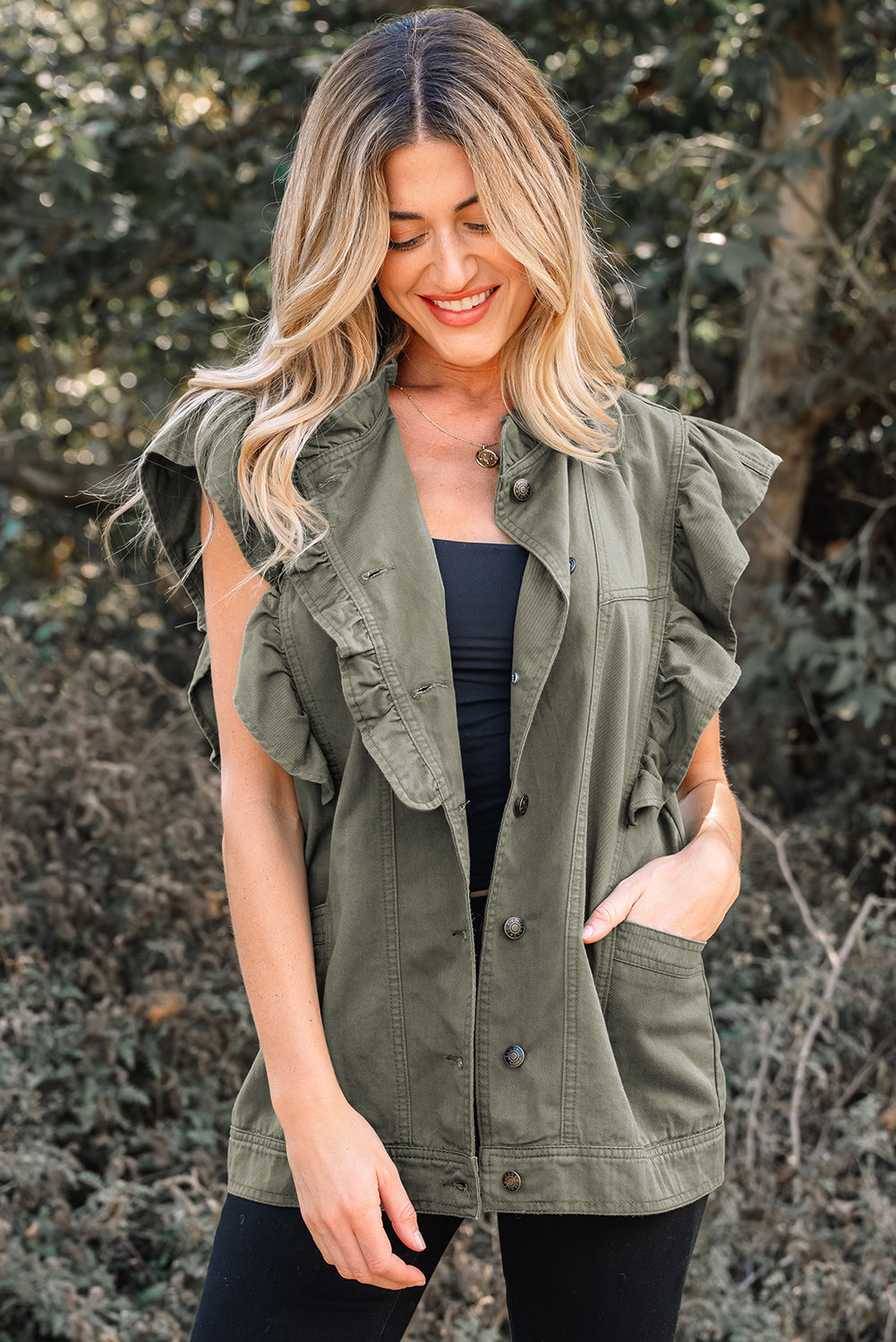 Green Bay Ruffled Patchwork Denim Jacket Vest