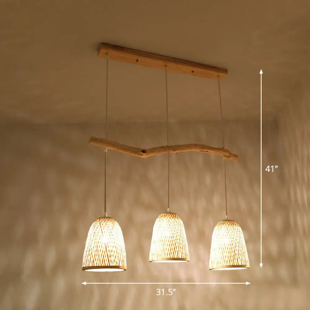 DecorBites™ Bamboo Bell Shade Pendant Light - South-east Asian Tea Room Island Lighting with 3 Heads - Wood Finish