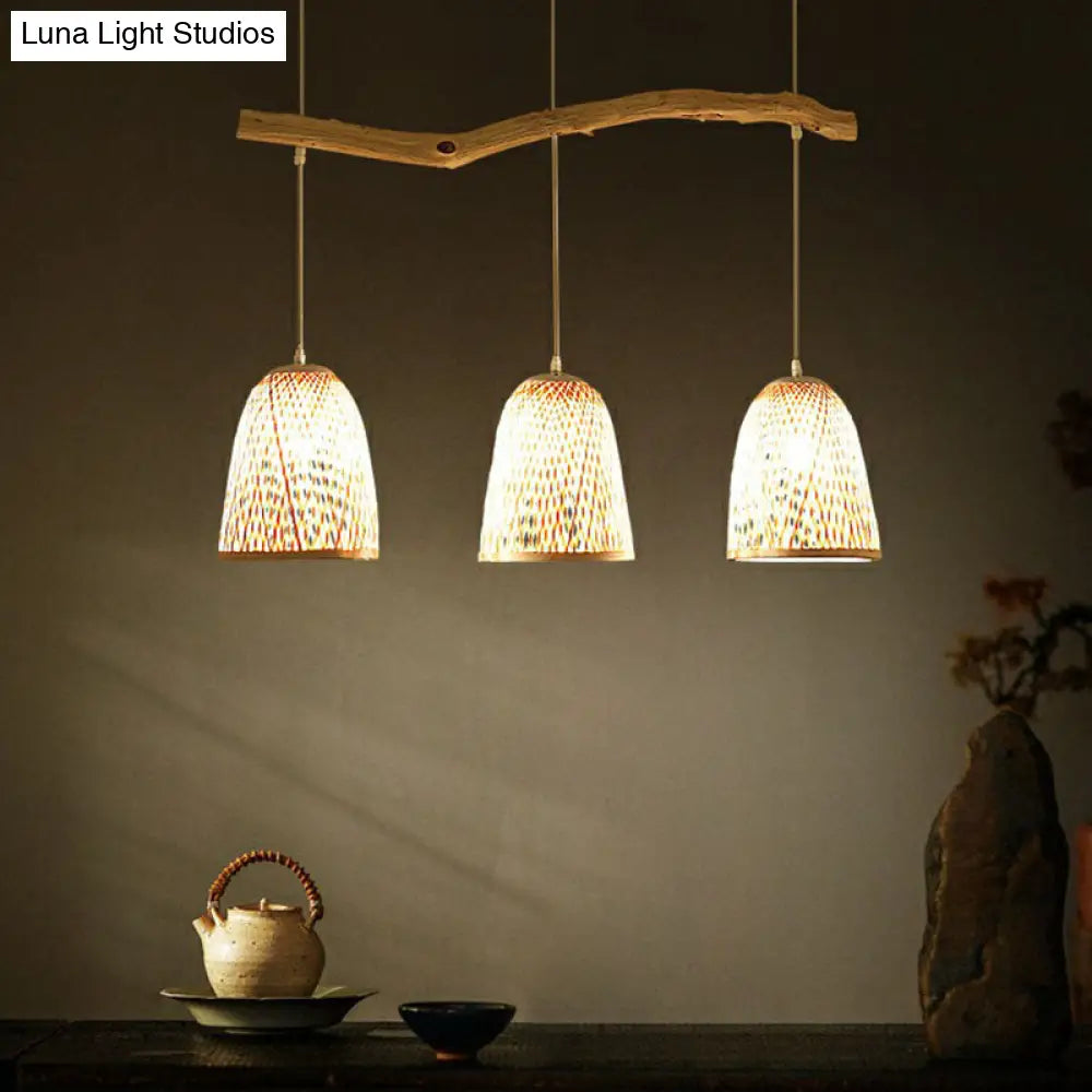 DecorBites™ Bamboo Bell Shade Pendant Light - South-east Asian Tea Room Island Lighting with 3 Heads - Wood Finish