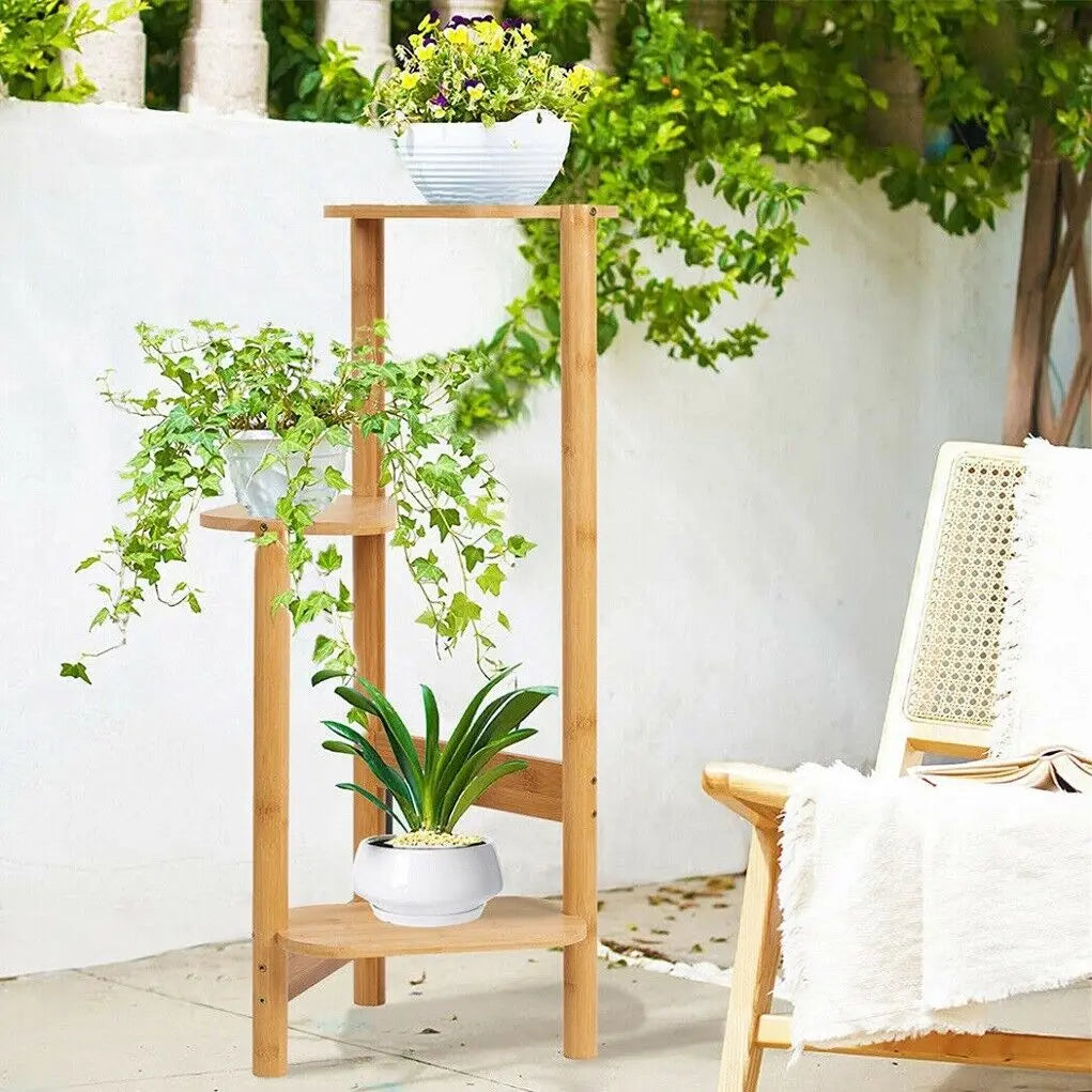 DecorBites™ Bamboo Corner Plant Stand: 3-Tier Flower Display