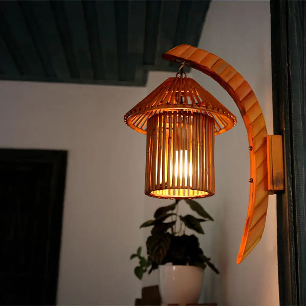 DecorBites™ Bamboo Country House Wall Sconce with Arc Arm - Brown