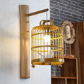 DecorBites™ Bamboo Wall Mount Sconce Lamp with Asian Flair - Wood Cage Design, 1 Bulb, White Bird Deco