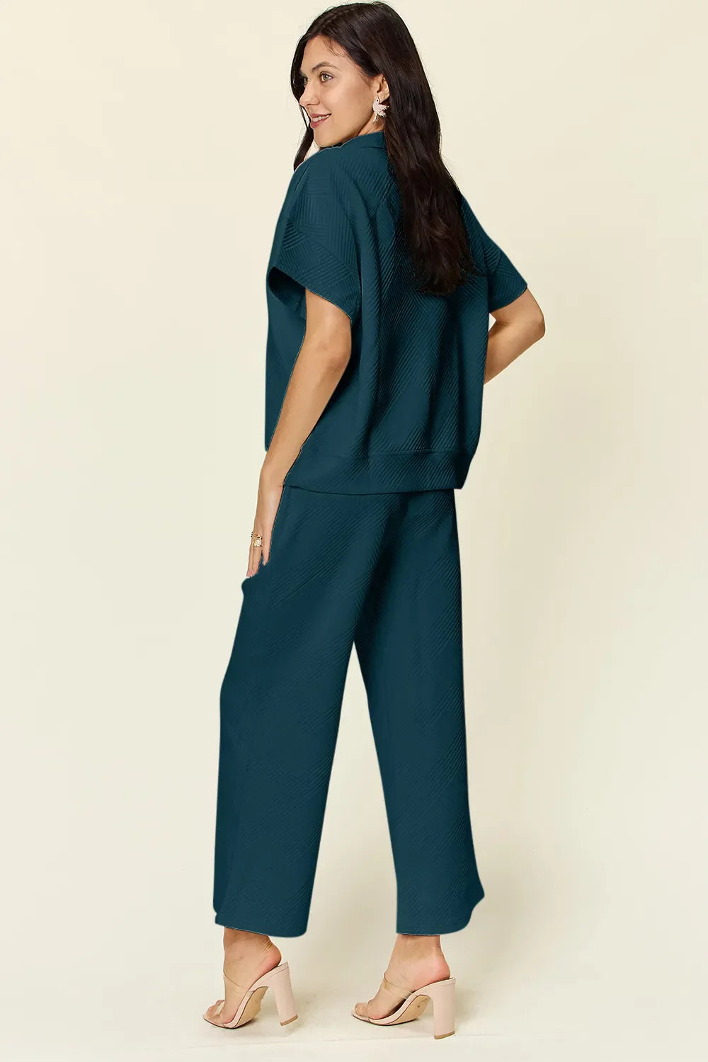 I am a Fashion Junky Full Size Texture Half Zip Short Sleeve Top and Pants Set