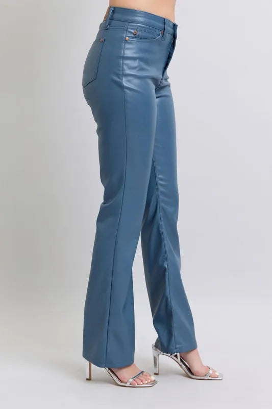 Full Size High Waist Tummy Control Faux Leather Bootcut Pants Plus Size