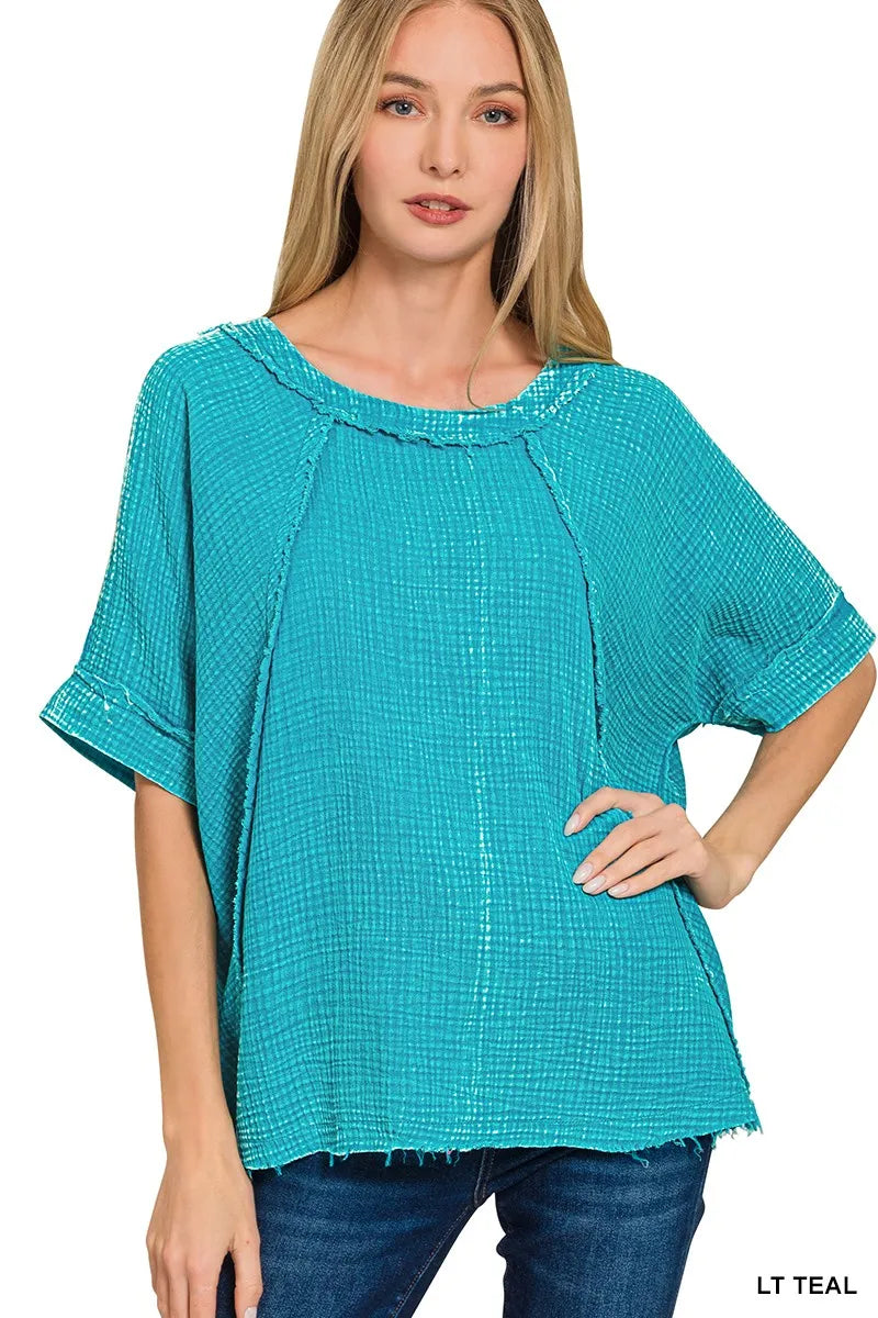 Washed Double Gauze Exposed Seam Short Sleeve Top