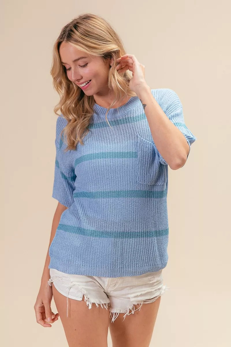 Patch Pocket Striped Lightweight Sweater Top