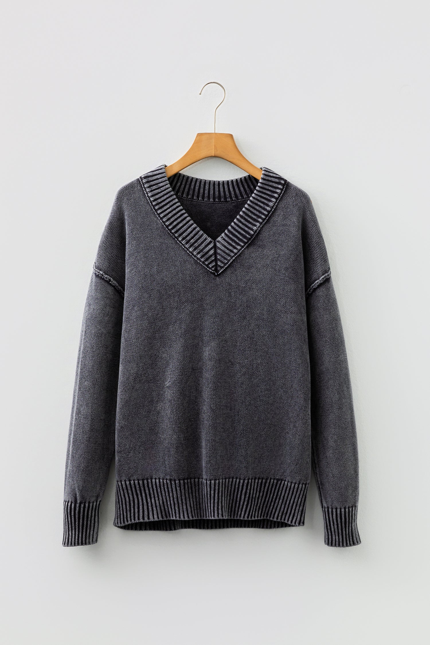 Black Mineral Wash V Neck Knit Exposed Seam Drop Shoulder Loose Sweater