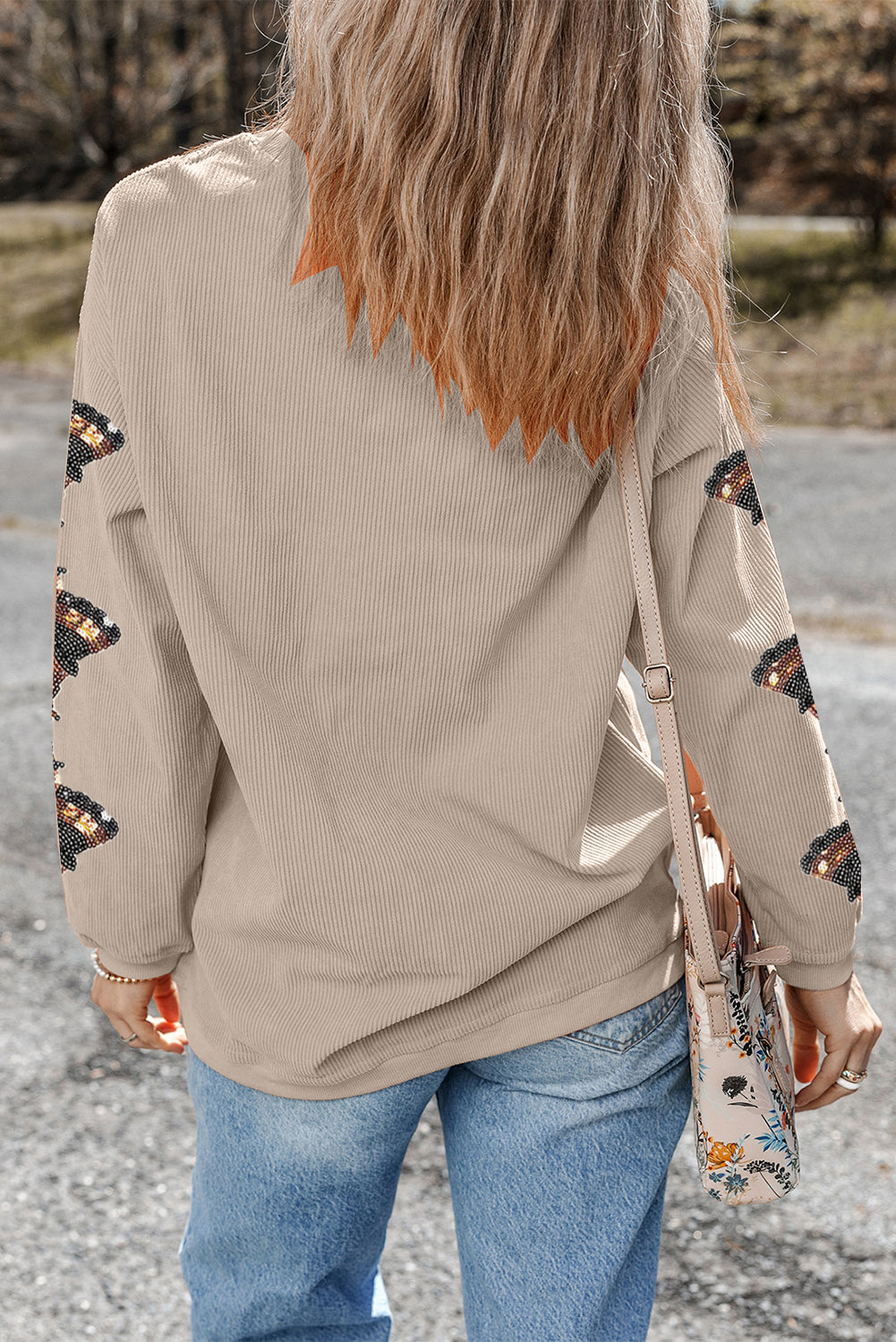 Smoke Gray Corded Ribbed Thanksgiving Turkey Sequin Patched Sleeve gobble Baggy Sweatshirt