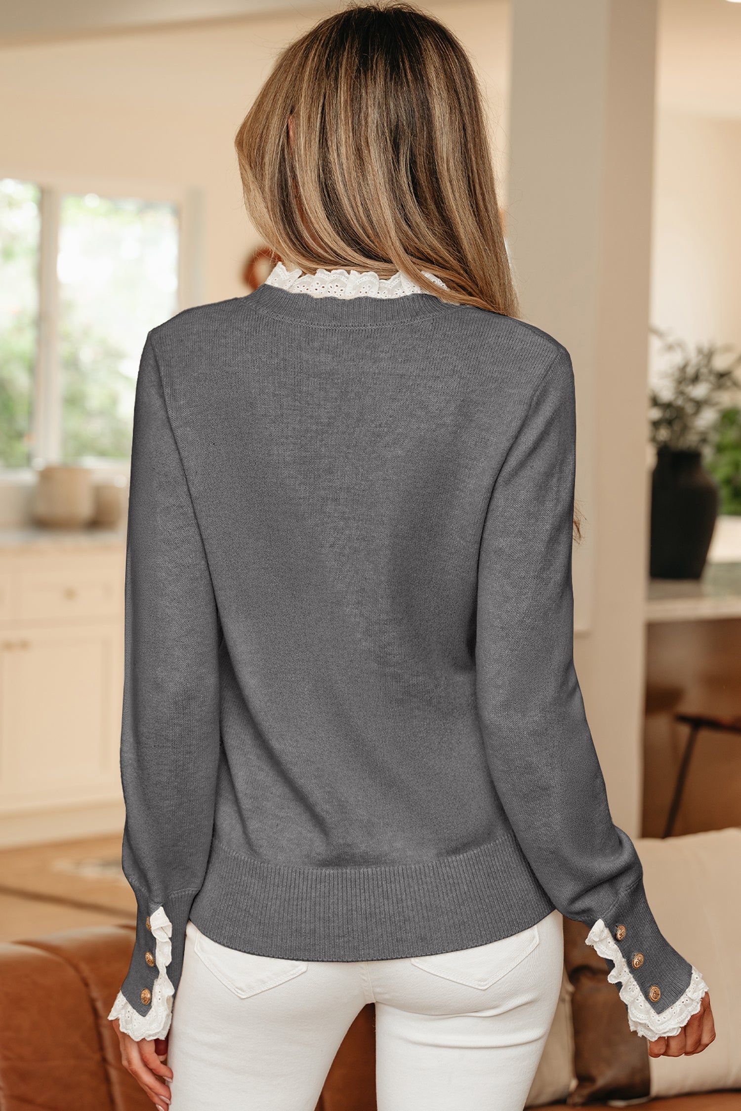 Sleet Lace Trim Patchwork Buttoned Cuffs Loose Sweater