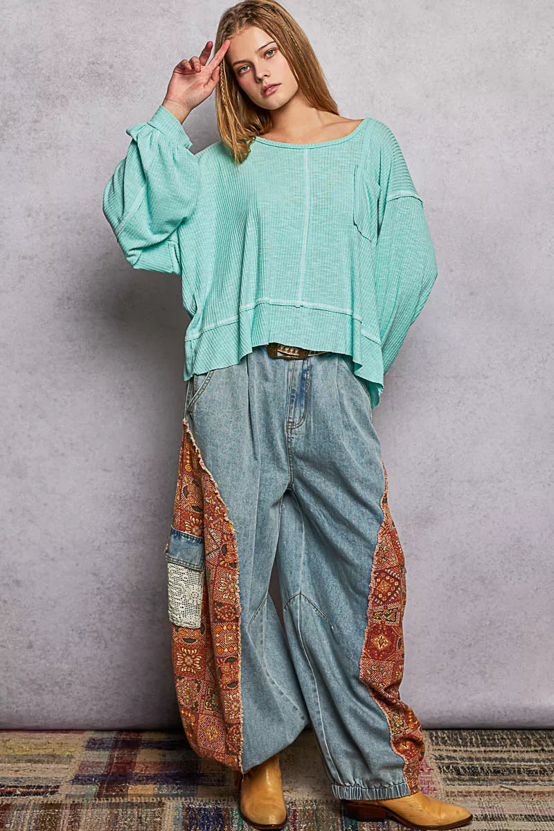Round Neck Long Sleeve Exposed Seam Top with Chest Pocket