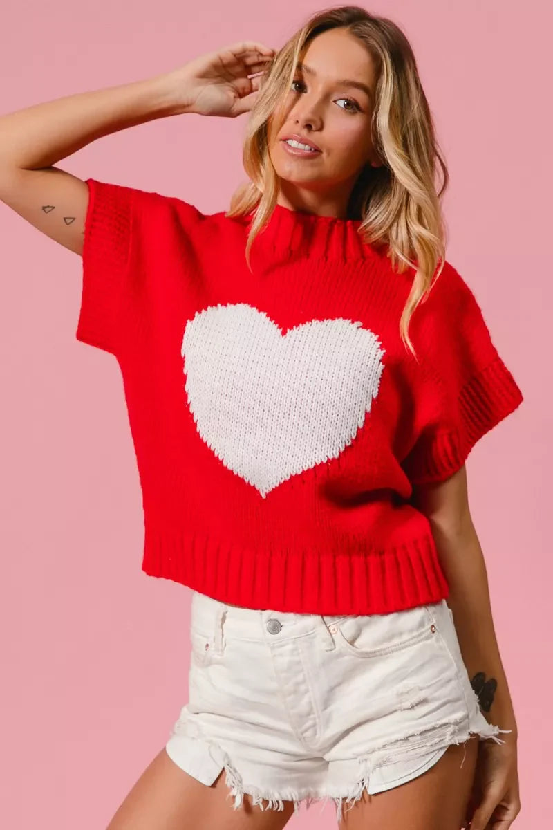 Rib Banded Heart Pattern Valentines Sweater