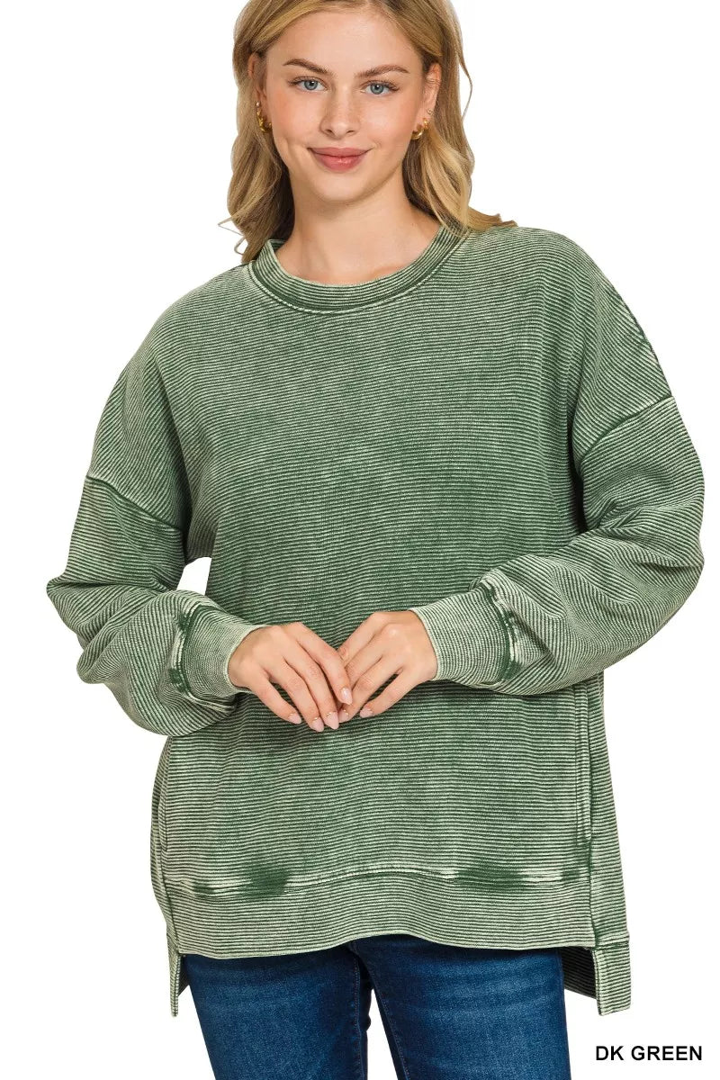 Full Size Acid Washed Double Ribbed Hi-low Sweatshirt Plus Size