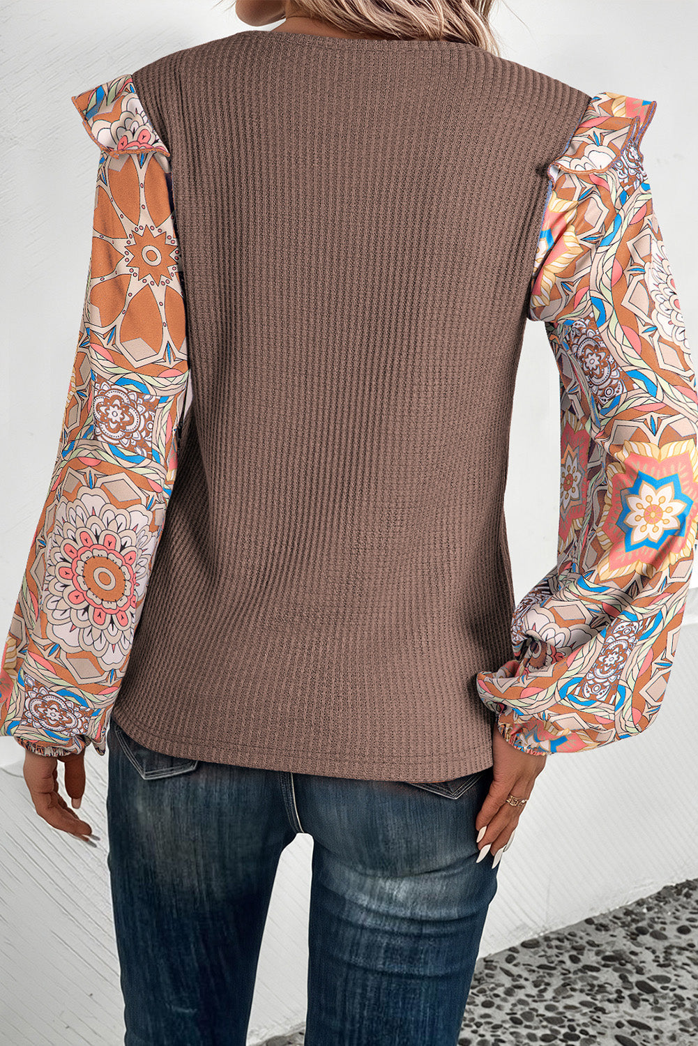 Ruffle Floral Sleeve Patchwork Waffle Top
