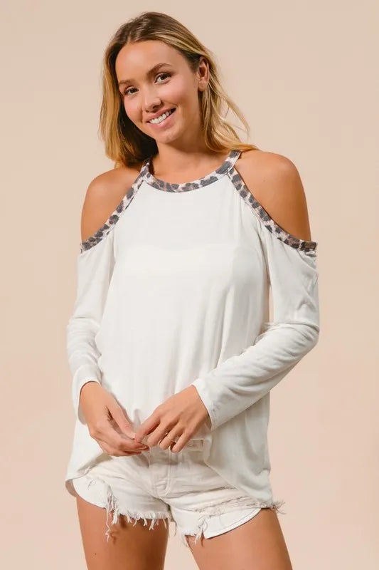 Jersey Knit Cold Shoulder Top with Leopard Neck