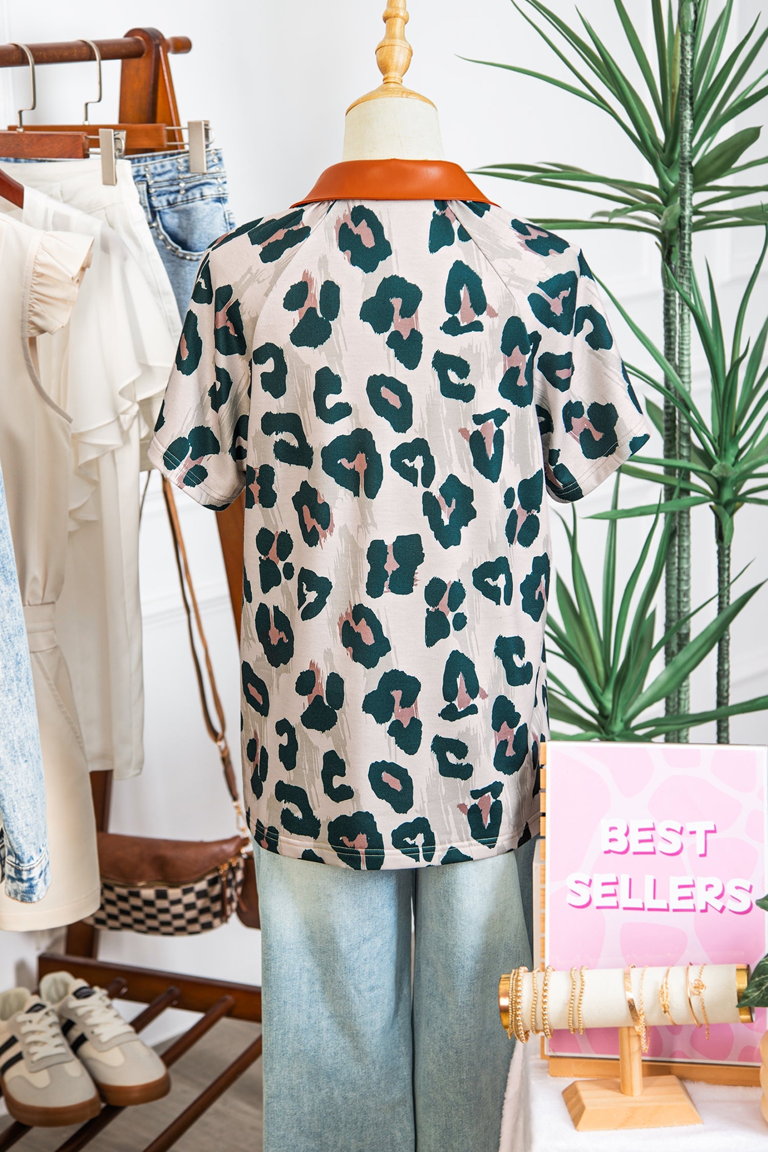 Casual Unique Leopard Print Button Contrast Collared Short Sleeve Blouse