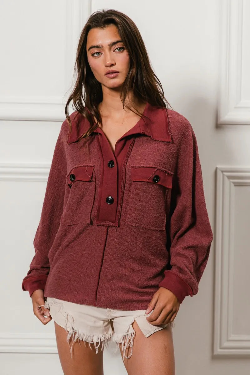 Cp French Terry Cut Edge Detail Collared Top