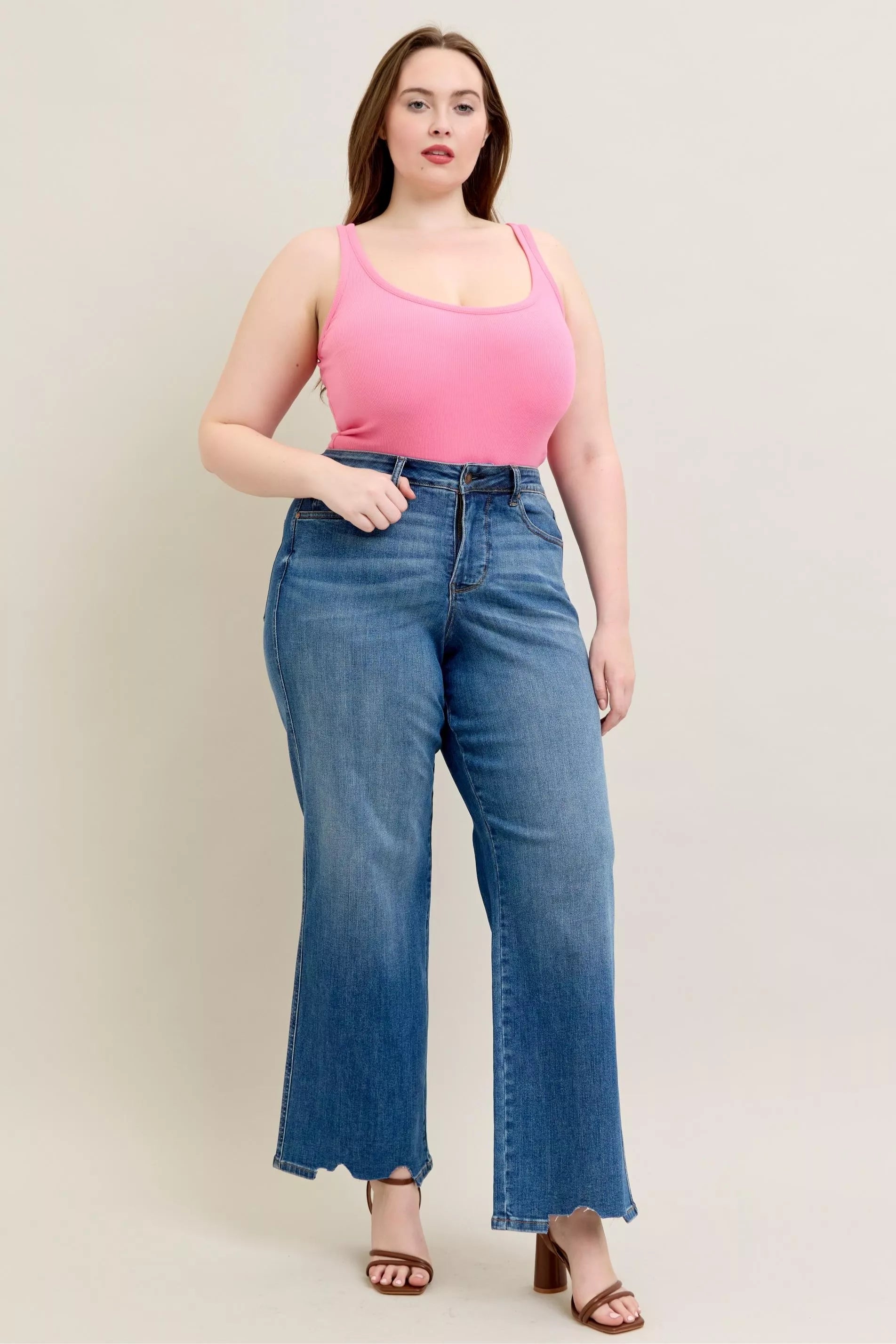 Full Size High Waist Tummy Control Chew Hem Destroy Wide Jeans Plus Size