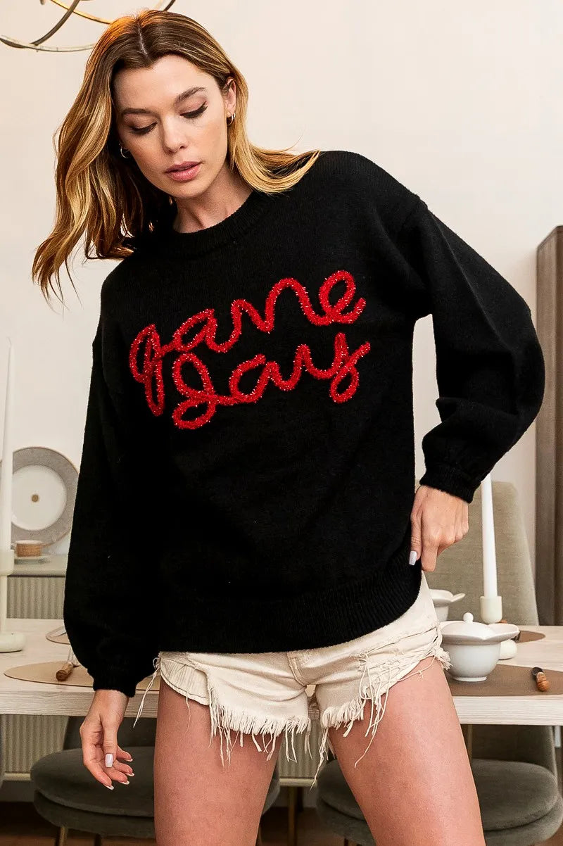 Game Day Metallic Letter Sweater