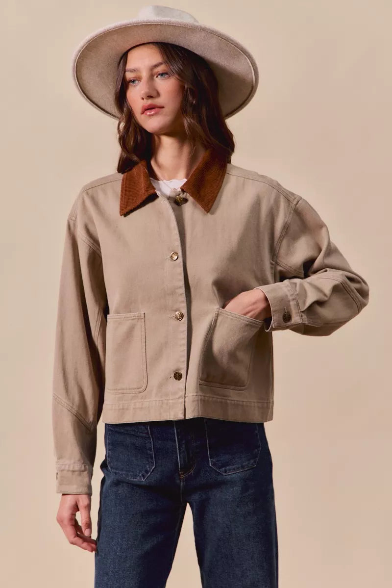 Cotton Twill Cropped Barn Jacket wtih Collar