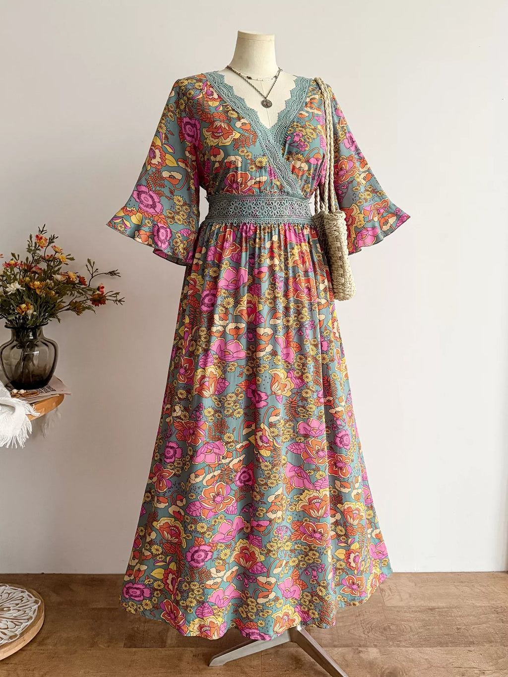 Lace Detail Floral Surplice Dress