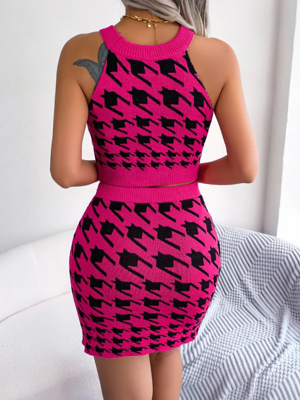 Houndstooth Sleeveless Top and Skirt Sweater Set See size chart under “more details”