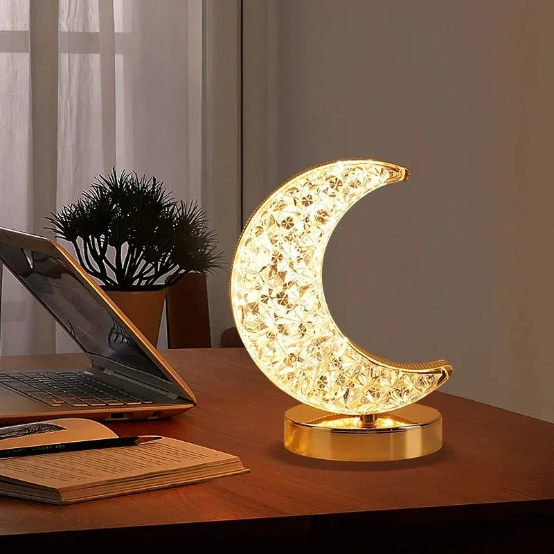 DecorBites™ Bedroom Crystal Touch Dimming Night Light Girls Room Home Decor Aesthetics USB Bedside LED Ambient Table 3D Moon Lamp