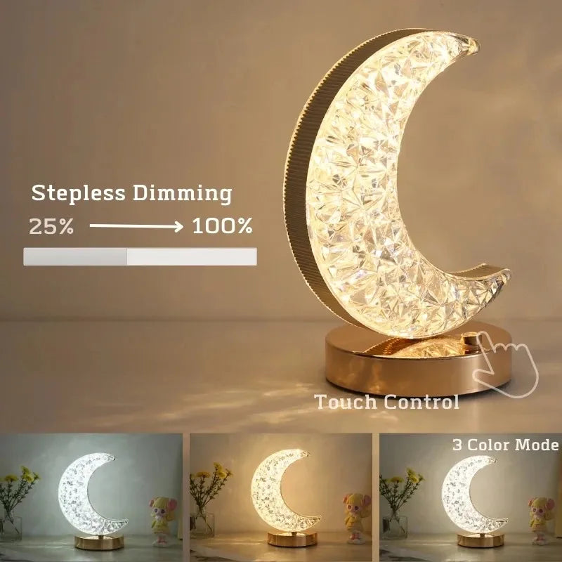 DecorBites™ Bedroom Crystal Touch Dimming Night Light Girls Room Home Decor Aesthetics USB Bedside LED Ambient Table 3D Moon Lamp