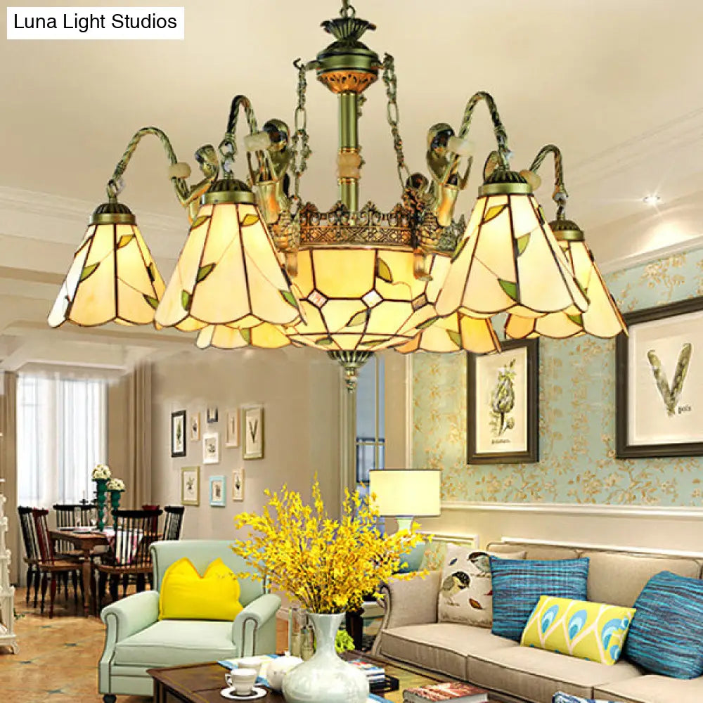 DecorBites™ Beige Tiffany Cut Glass Pendant Chandelier - 9/11 Lights, Conical Hanging Light with Mermaid Deco