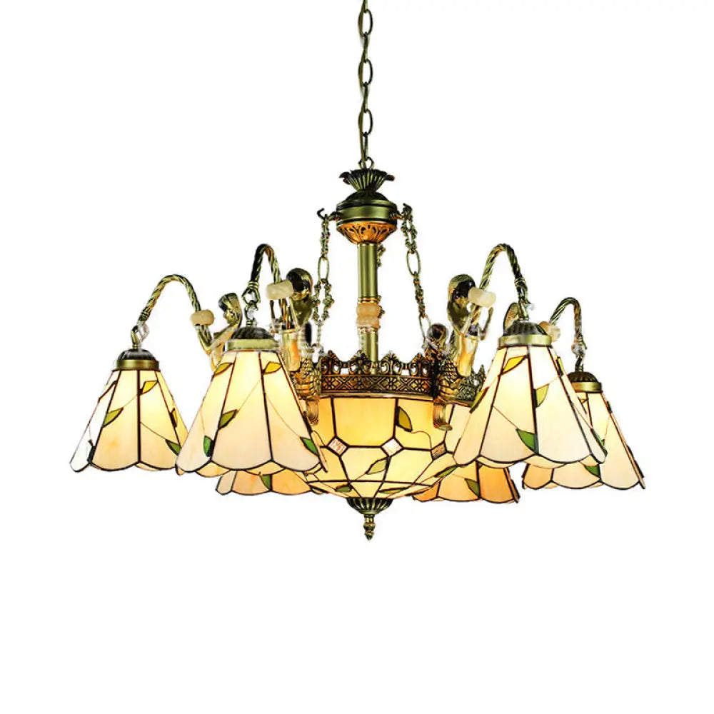 DecorBites™ Beige Tiffany Cut Glass Pendant Chandelier - 9/11 Lights, Conical Hanging Light with Mermaid Deco