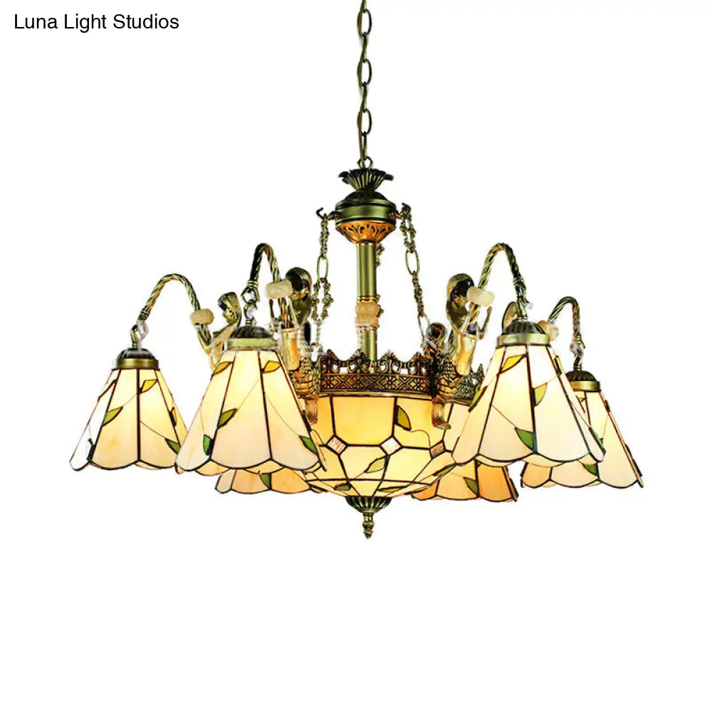 DecorBites™ Beige Tiffany Cut Glass Pendant Chandelier - 9/11 Lights, Conical Hanging Light with Mermaid Deco