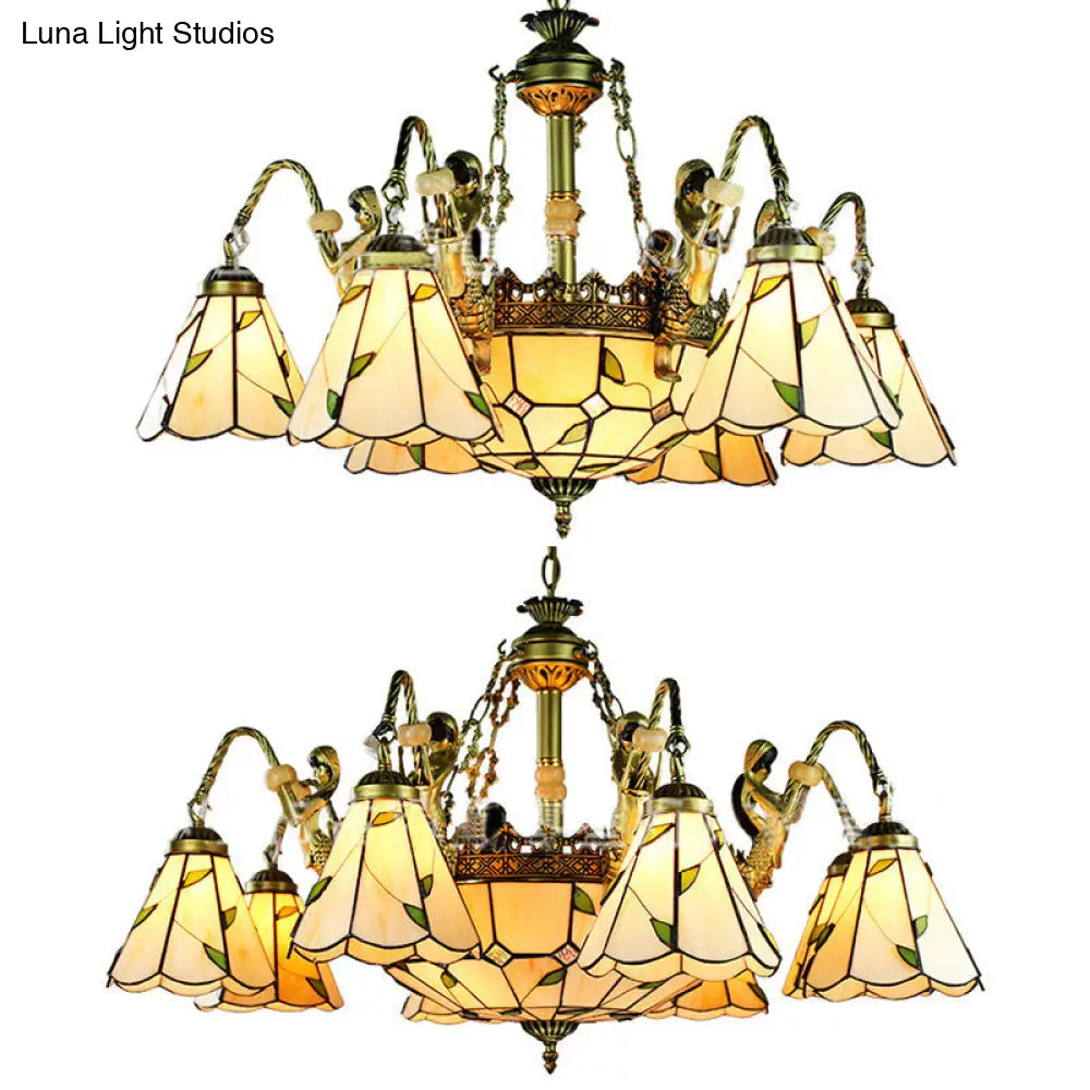 DecorBites™ Beige Tiffany Cut Glass Pendant Chandelier - 9/11 Lights, Conical Hanging Light with Mermaid Deco