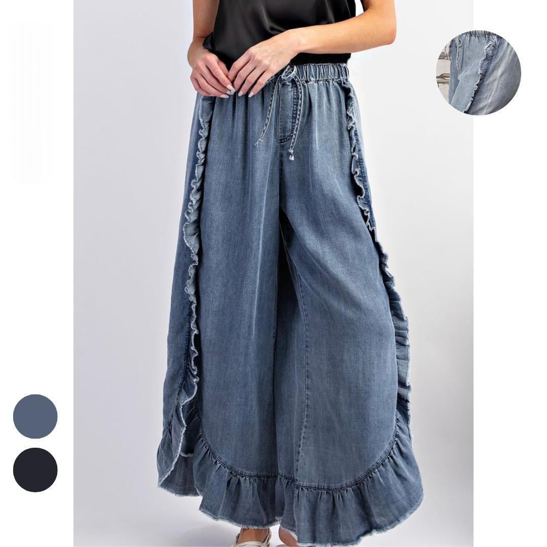 Women's Washed Denim Wide-Leg Flared Pants with Ruffle Hem